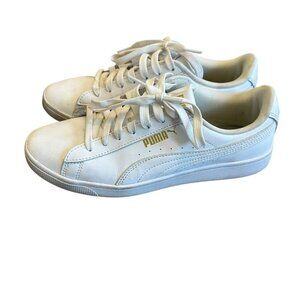 Puma Vikky Leather Sneaker White Gold Logo Lace-Up Tennis Shoes Size 8 Women's